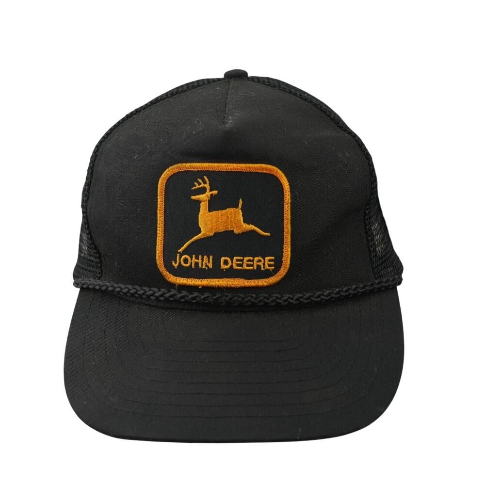 Vintage John Deere Black Hat Patch Snapback Trucker Farmer Mesh Cap Braided